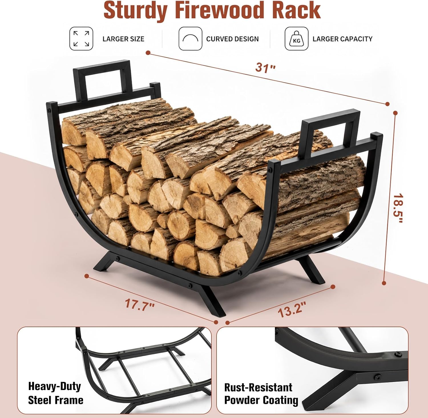 31 Inch Firewood Rack Outdoor Indoor Firewood Storage Metal Wood Rack image 2