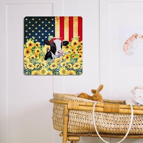 Miniatura 7 de USA Flags Metal Signs Sunflower Cow Farm Animals Street Sign Patriotic Nostalgia Oil Painting 12 Inch Retro Street Sign Independence Day 4th July
