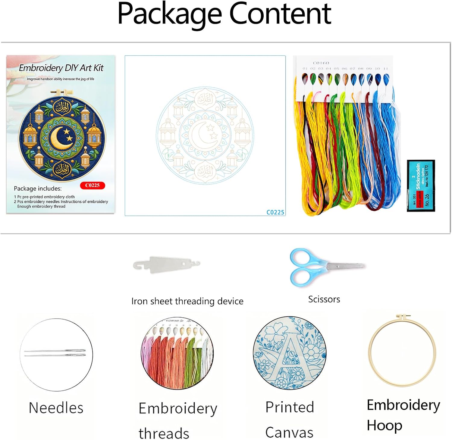 Zhenqing Ramadan Embroidery Kit for Beginners, Pre-Printed 29x29cm Circular Cotton Fabric with 20cm Hoop, Islamic Art Design with Crescent and Lanterns (C0225) image 5