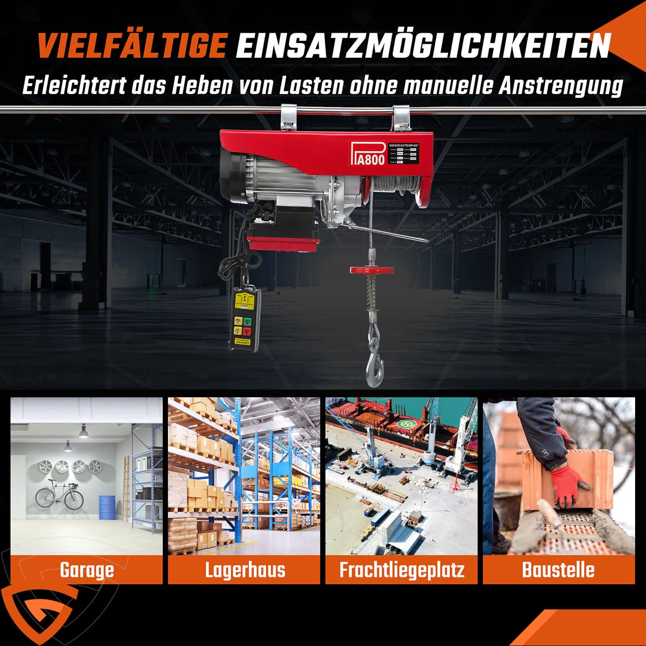 PA800 Elektrische Seilhebezug,elektrische Seilwinde, 400kg bis 800kg Elektrische Motorwinde, mit kabelloser Fernbedienung(100m),12m Hebezug Seilzug, Hohe Sicherheit mit Not-Aus-Schalter