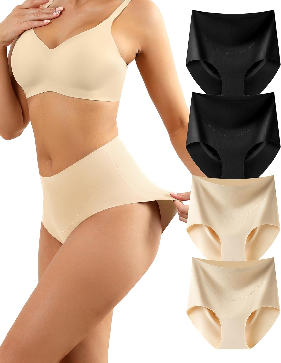 LEVAO Womens Underwear High Waist Seamless Briefs Full Coverage No Show Ladies Panties 4 Pack S-XXL