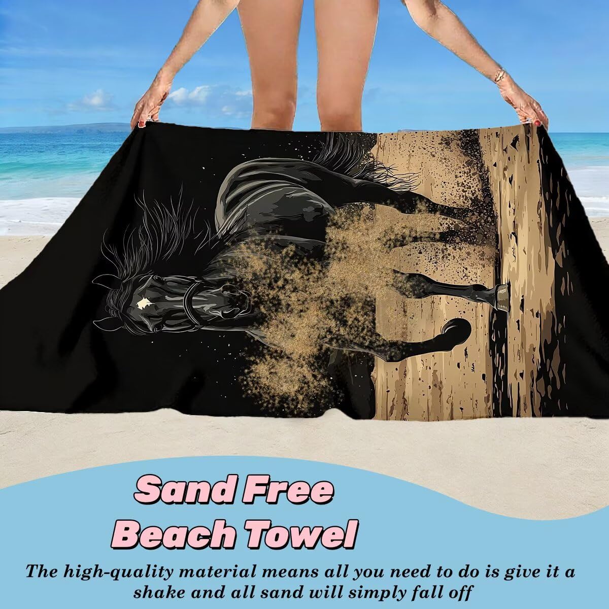 Ręcznik plażowy XXL, 100 x 200 cm, zestaw 2 szt., z mikrofibry, ręcznik plażowy z motywem konia, szybkoschnący, do sauny, fitness, bez piasku, ręcznik plażowy, do sauny, duży ręcznik kąpielowy