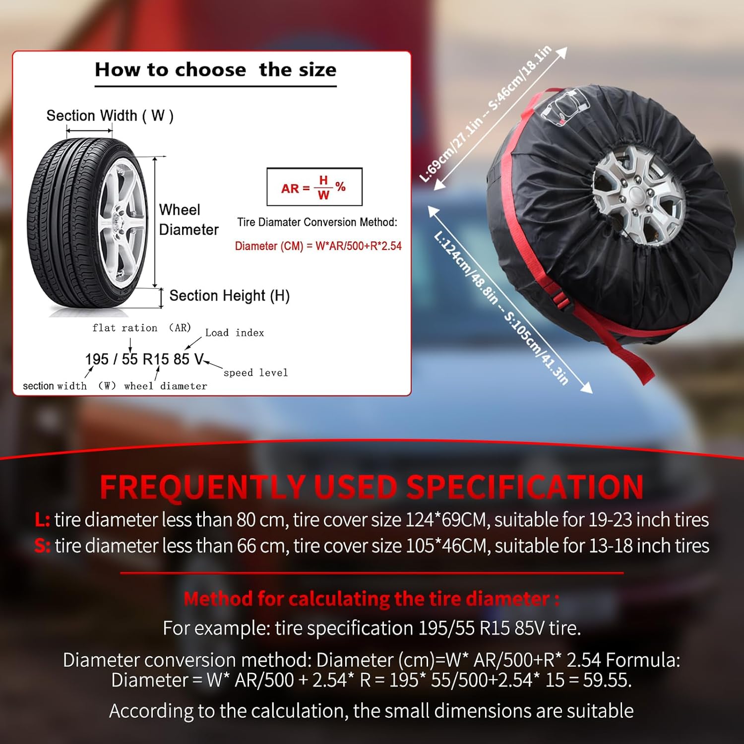 Geloo 4PCS Tire Cover, Seasonal Tire Totes,Polyester Wheel Tires Storage Bags, Waterproof Dustproof Wheel Covers Fit for 19"-23" Tyres (Diameter 80cm)-Black/Red