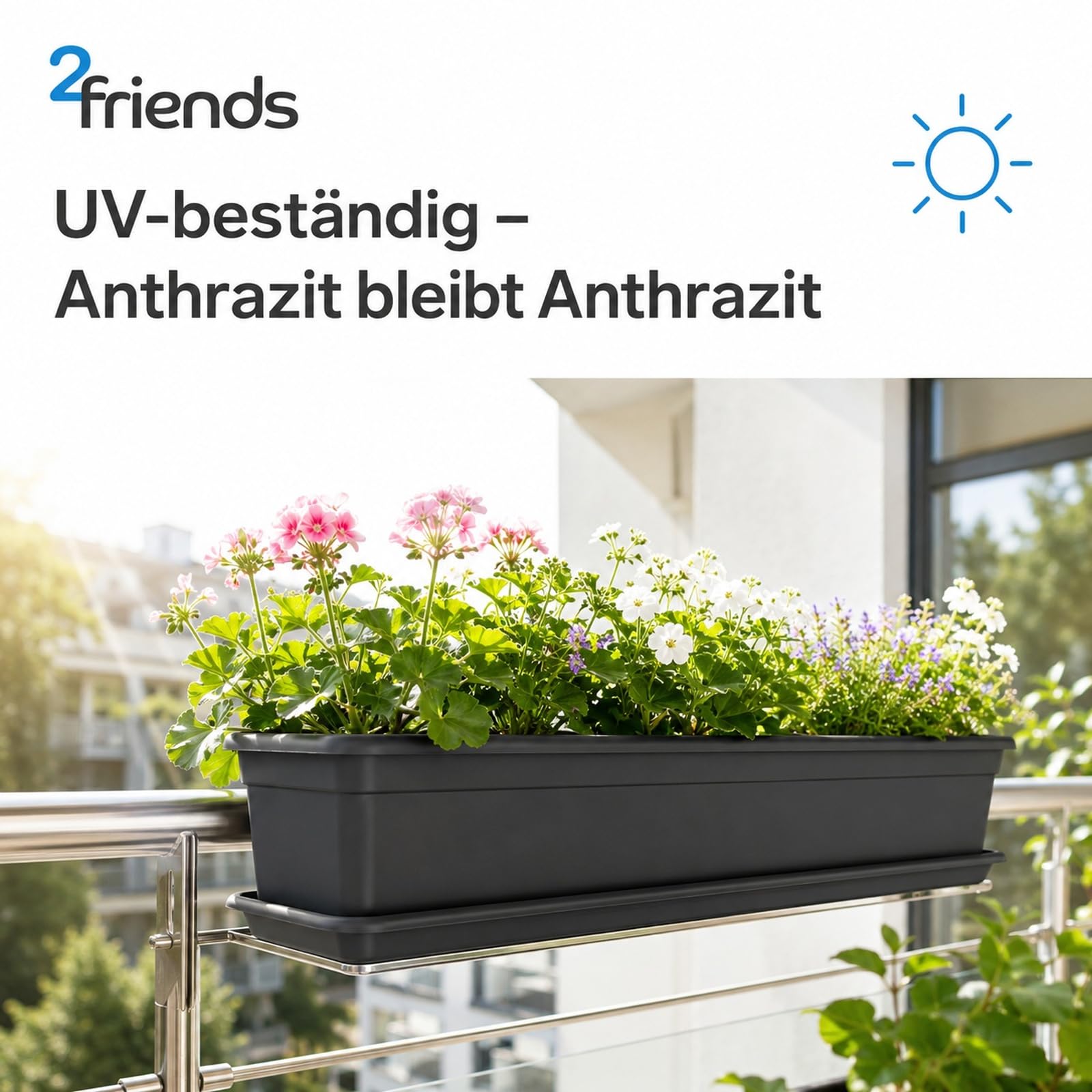SUSTANIA Blumenkasten 80cm 4er Set mit Untersetzer – Balkon Blumenkasten Anthrazit, Balkonkasten Kunststoff UV-beständig, Blumenkästen für Balkongeländer & Fensterbank, Made in EU