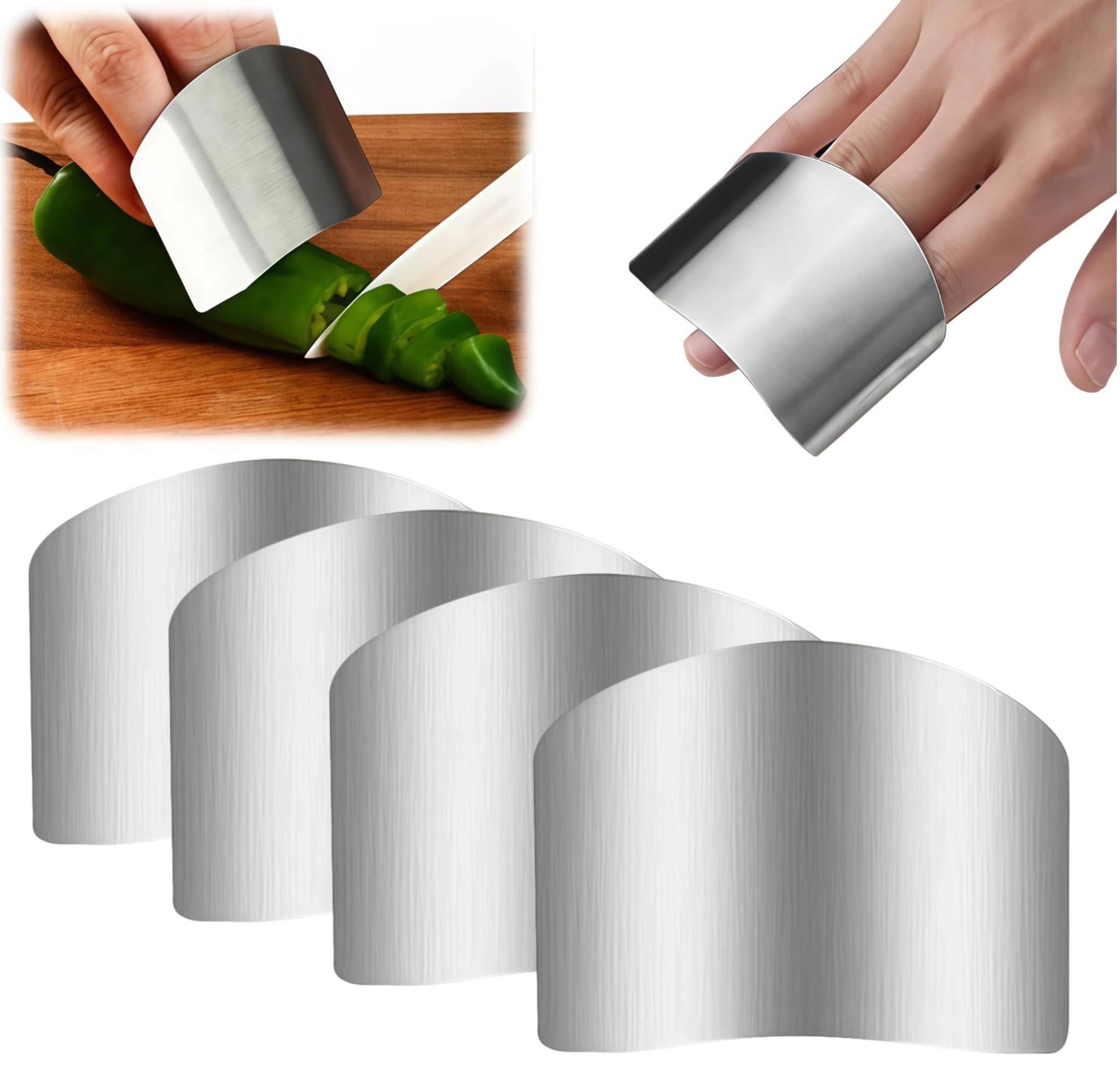 Stainless Steel Finger Guard, Universal Fit Adjustable Finger Guard Protector Finger Guards for Cutting Food, Premium Slicing Tool for Chopping, Dicing, and Kitchen Food Prep (4 Pcs)