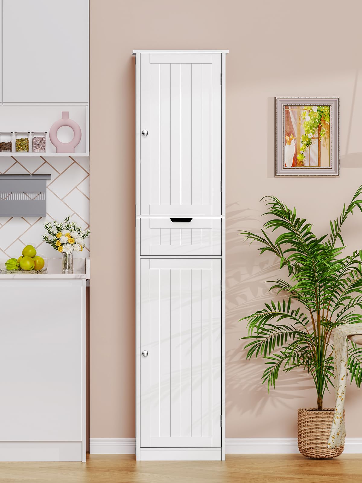 TEENFON Badezimmerschrank Schmal mit voller 40 cm Breite，Badschrank mit 2 Türen und 1 Schublade, Hochschrank mit Verstellbaren Regalen für Badezimmer, Wohnzimmer, Flur, Küche, 40x30x170 cm, Weiß