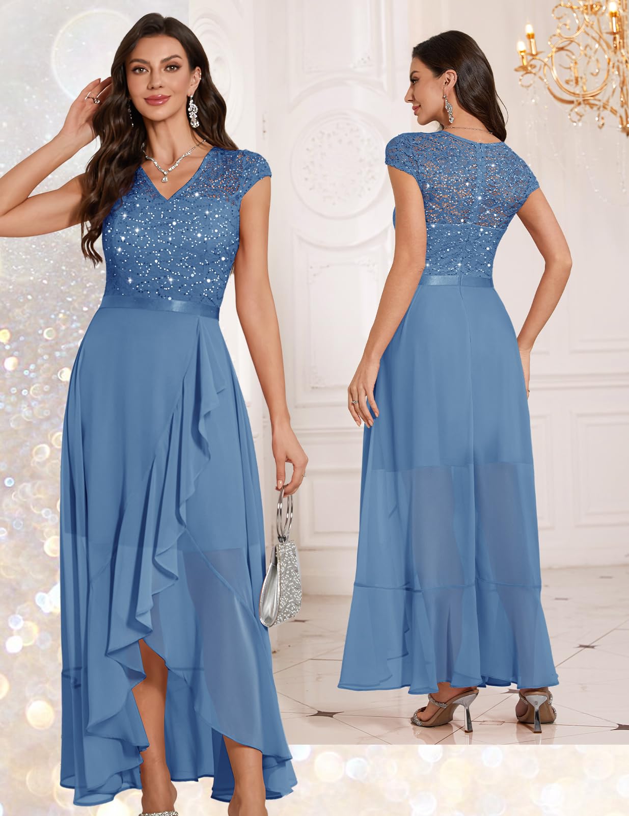 Bbonlinedress Abendkleid elegant für Hochzeit Glitzer Kleid Chiffon Abschlusskleid lang festliches Brautkleid Spitze Party Cocktailkleid