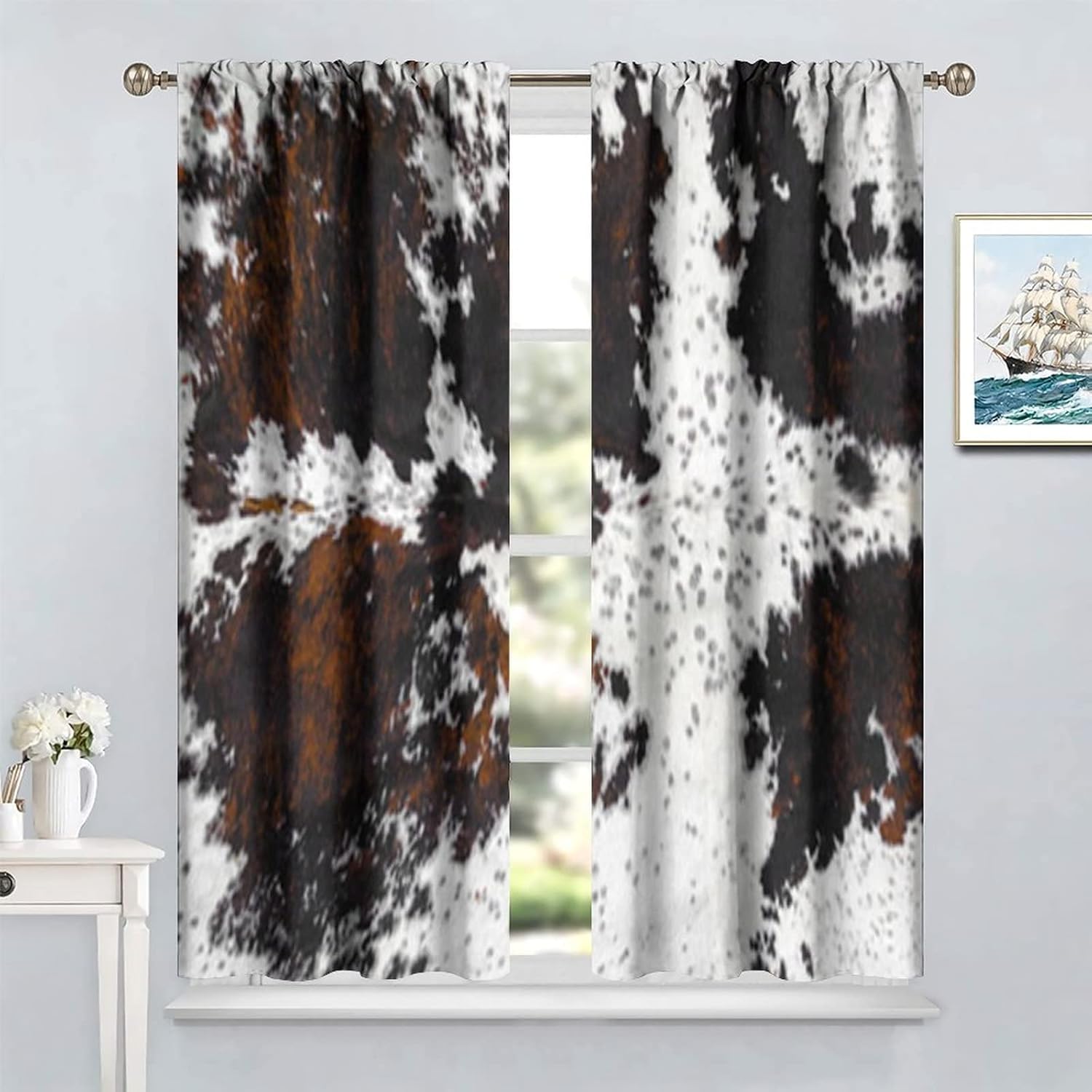 Cow Skin Print Curtains, Rustic Farmhouse Animal Fur Skin Window Treatments Black Brown Wild 3D Cowhide Print Blackout Rod Pocket Window Drapes for Bedroom Living Room 52x84in