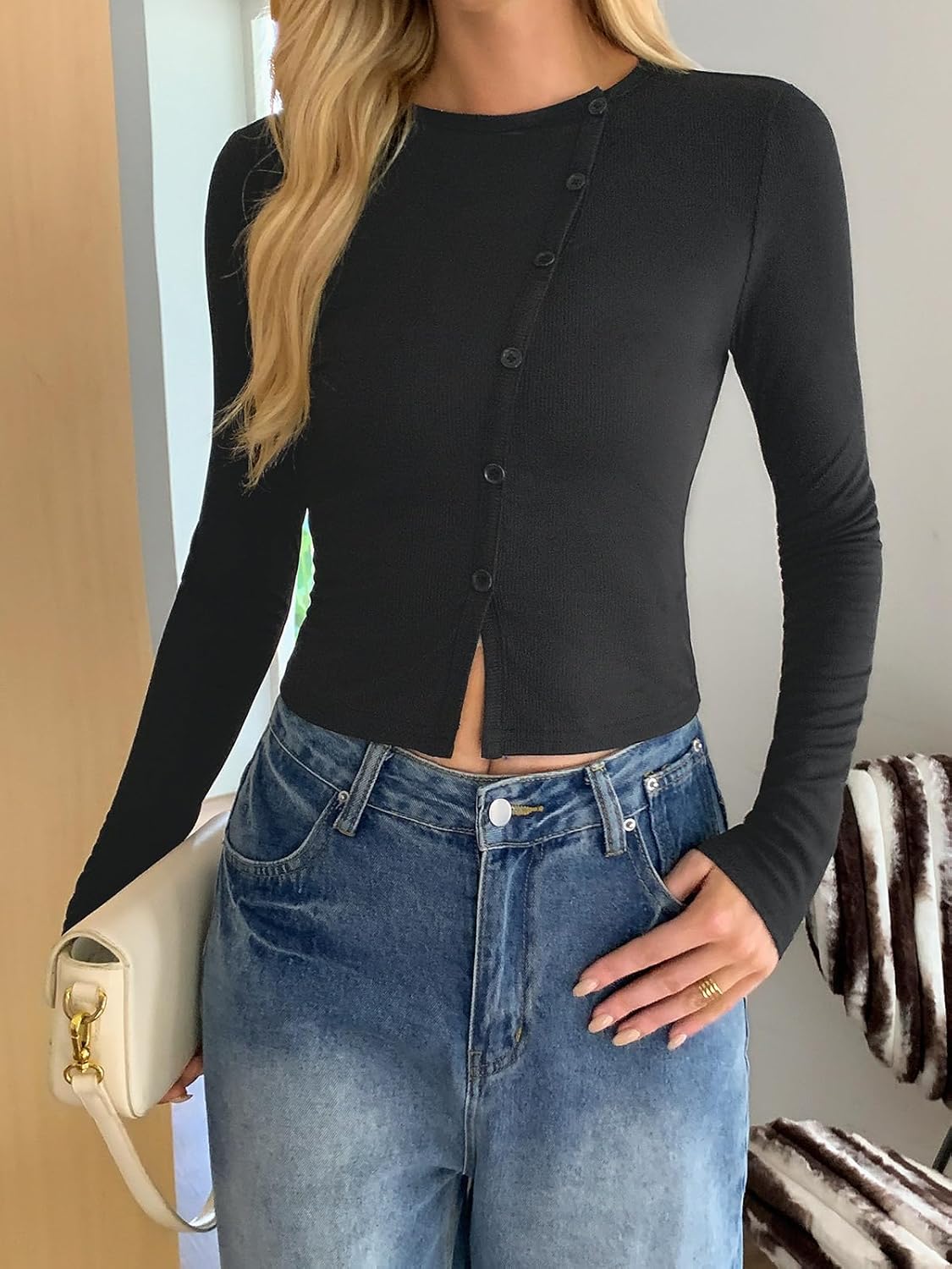 Fisoew Womens Long Sleeve Crop Tops Casual Button Down Shirts Slim Fit Y2k Going Out Ribbed Knit Shirts - Image 3