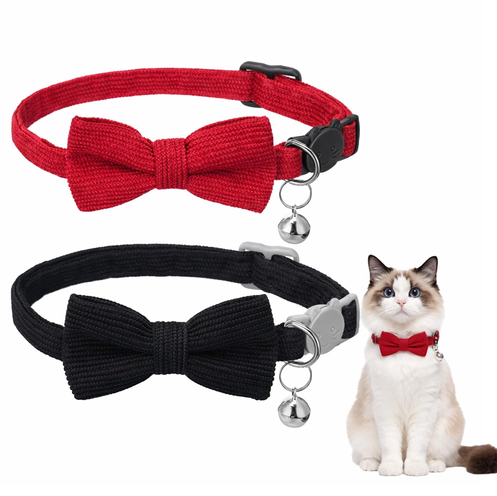 Cat Collar with Detachable Bow Tie & Bell, 2 Pack – Adjustable Breakaway Safety Cat Collars for Kittens & Small, Ribbed Corduroy Bowtie Design, Red & Black