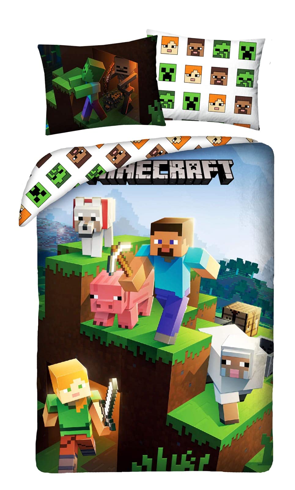 Minecraft Pościel w 100% z bawełny, dwustronna, 140 x 200 cm + poszewka na poduszkę, edycja limitowana