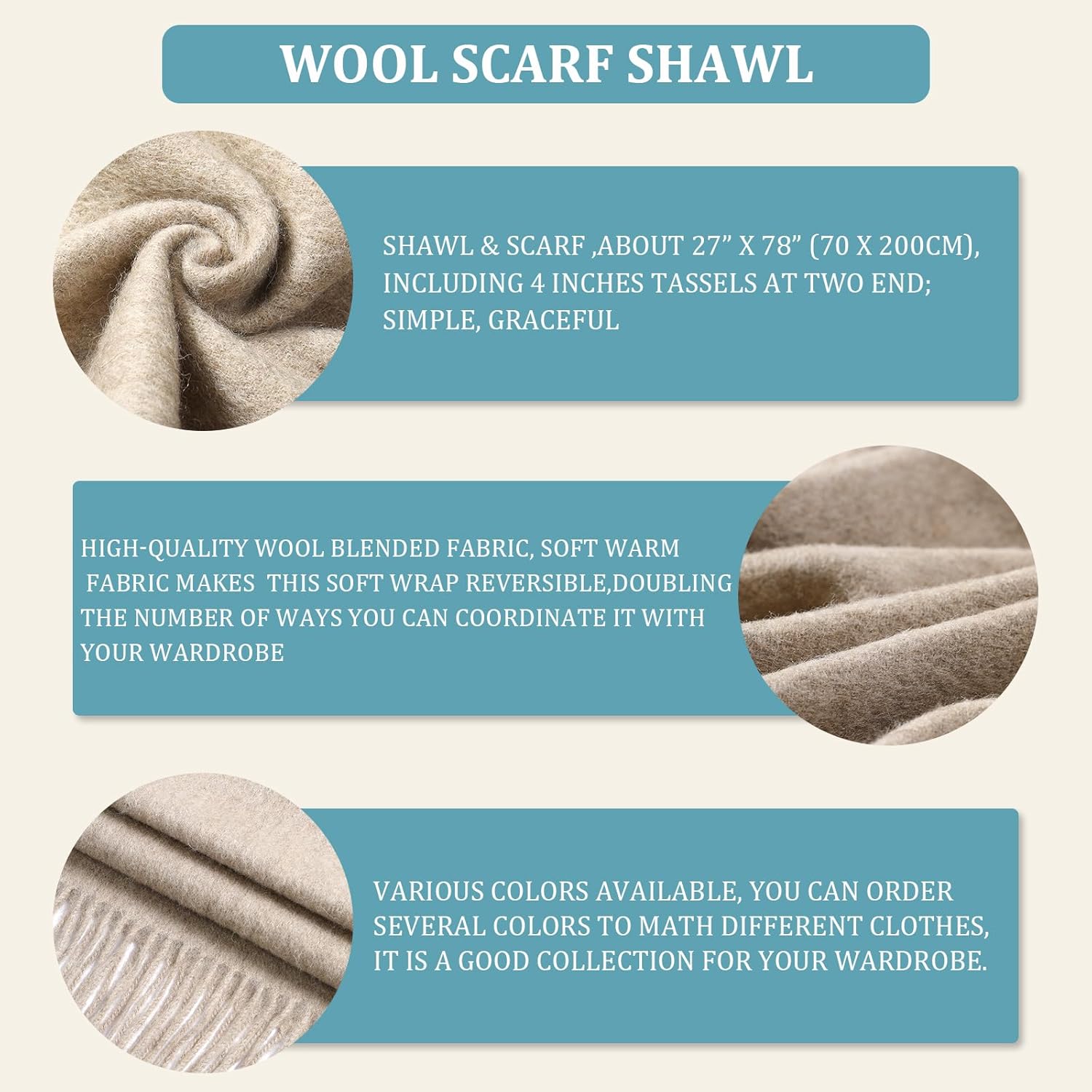 Winter Wool Scarf Shawl -Thick Oversized Pashmina Shawl Wrap,Soft Warm Winter Scarves,Travel Blanket Scarf for Women - Image 5