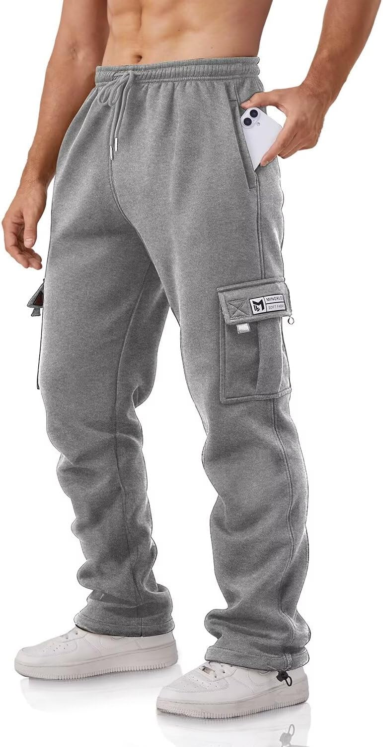 Cargo Pants for Men Relaxed Fit Mens Joggers with Pockets,Fleece Hiking Tactical Workout Pants Casual Light Gray XL