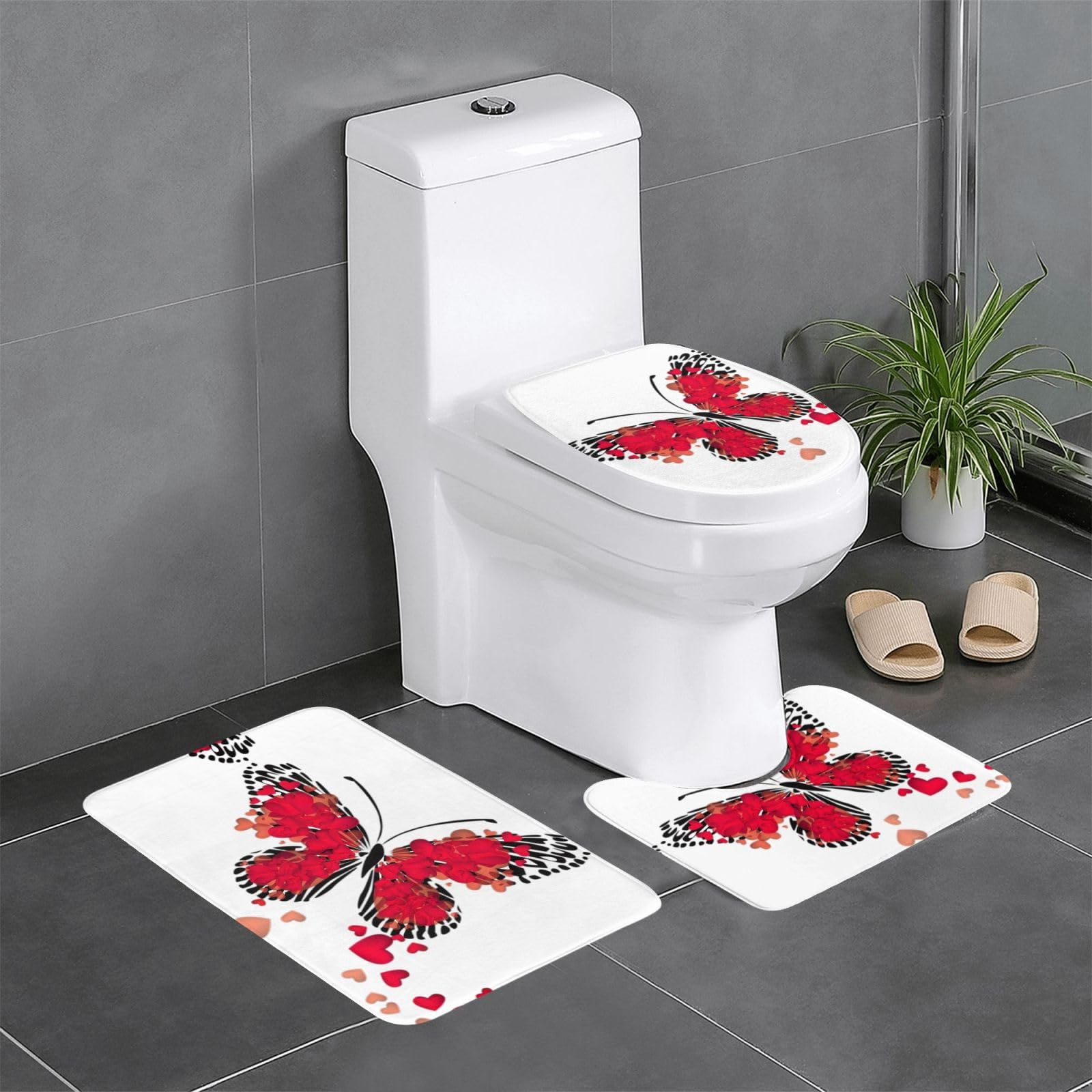 Tapis de salle de bain antidérapants absorbants rouge lot de 3 tapis lavables forme U cœur