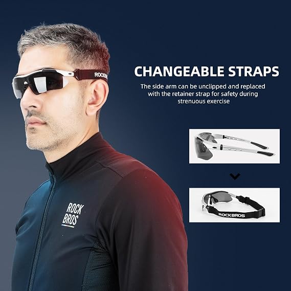 ROCKBROS Pickleball Glasses for Men Women Photochromic Sports Sunglasses UV400 Protection Interchangeable Strap