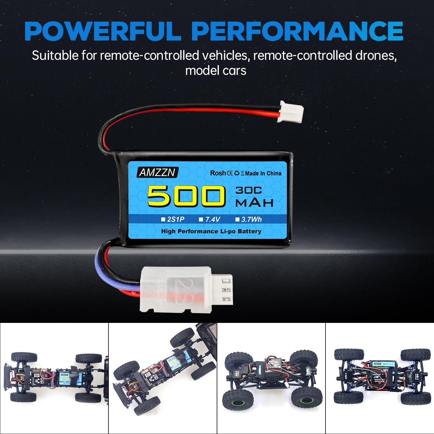 AMZZN 7.4V 500mAh 30C PH2.0 spina Lipo batteria con cavo di ricarica USB per AX24 SCX24 RC Car, compatibile con la maggior parte dei camion di telecomando proporzionali 1/10, 1/16, 1/18 e