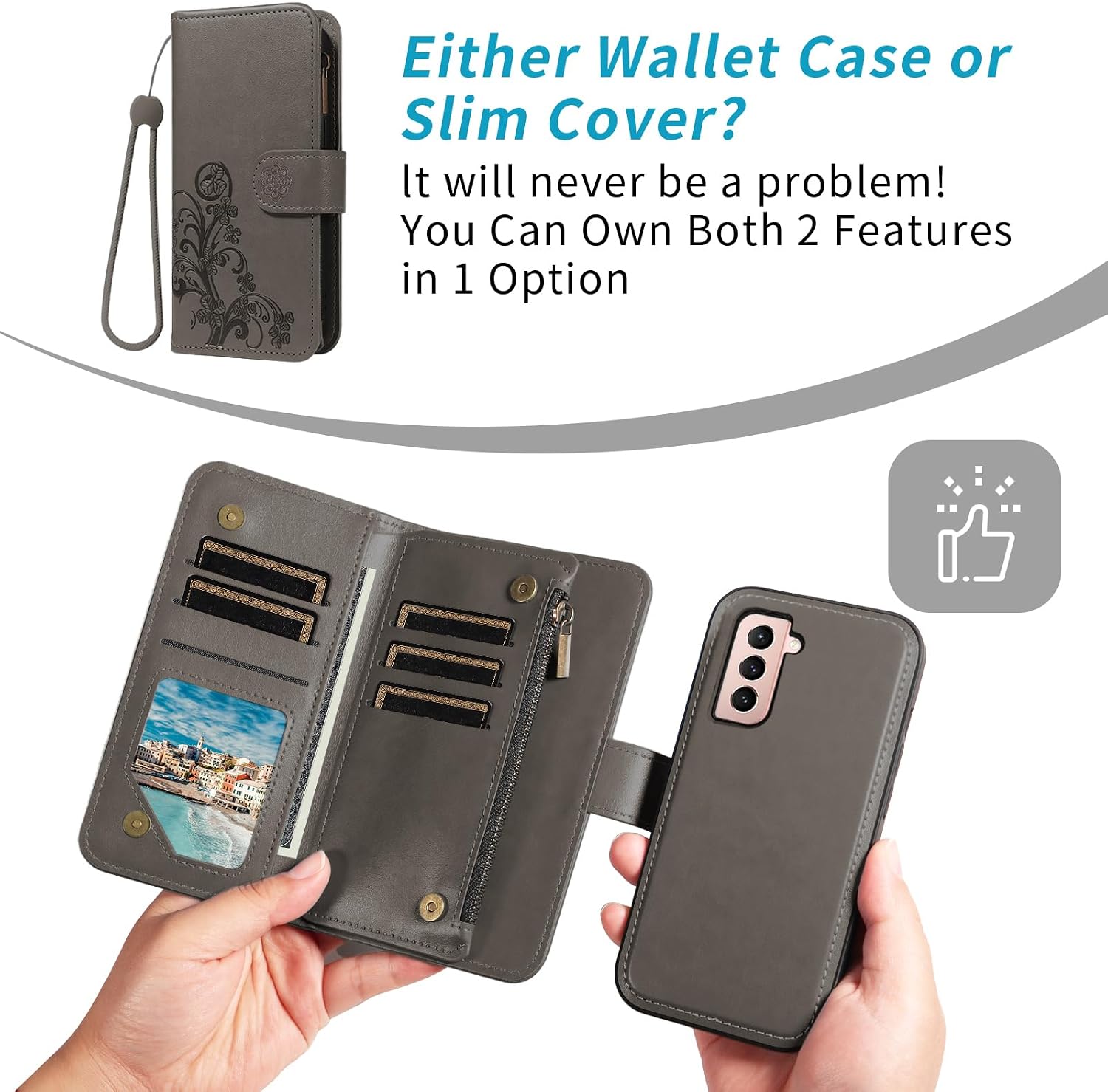 Asuwish Phone Case for Samsung Galaxy S21 5G 6.2 inch Zipper Wallet Magnetic Detachable Cell Cover with Tempered Glass Screen Protector Crossbody Strap Flower Card Holder S 21 21S G5 Women Girls Gray