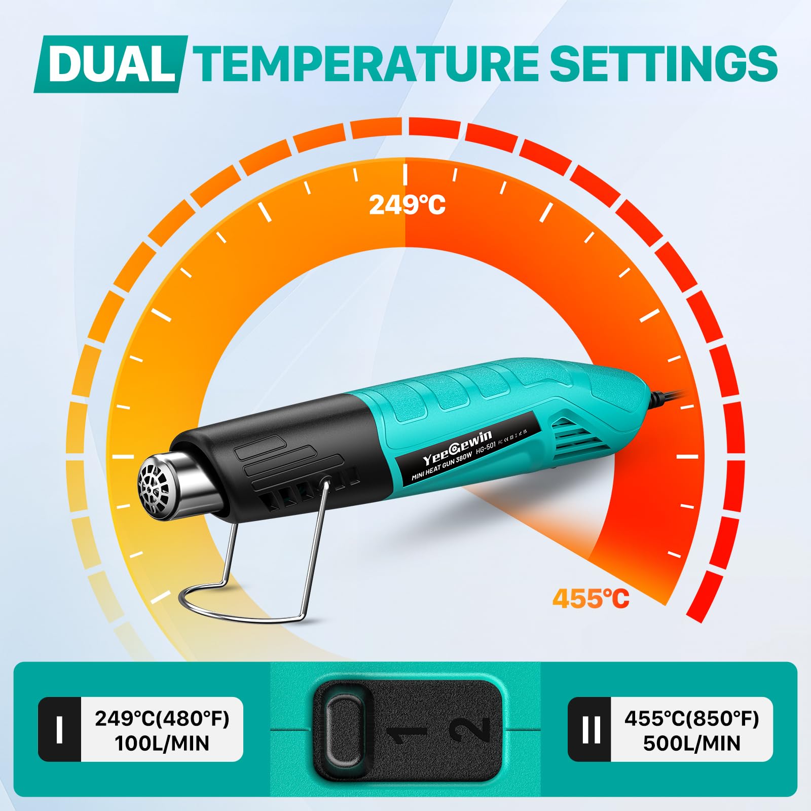 Yeegwin Mini Pistola ad Aria Calda con 2 Impostazioni di Temperatura 249°C-455°C, 380W Pistola Termica Portatile con Protezione da Sovraccarico, Ugello, per Artigianato, Pellicola Termoretraibile