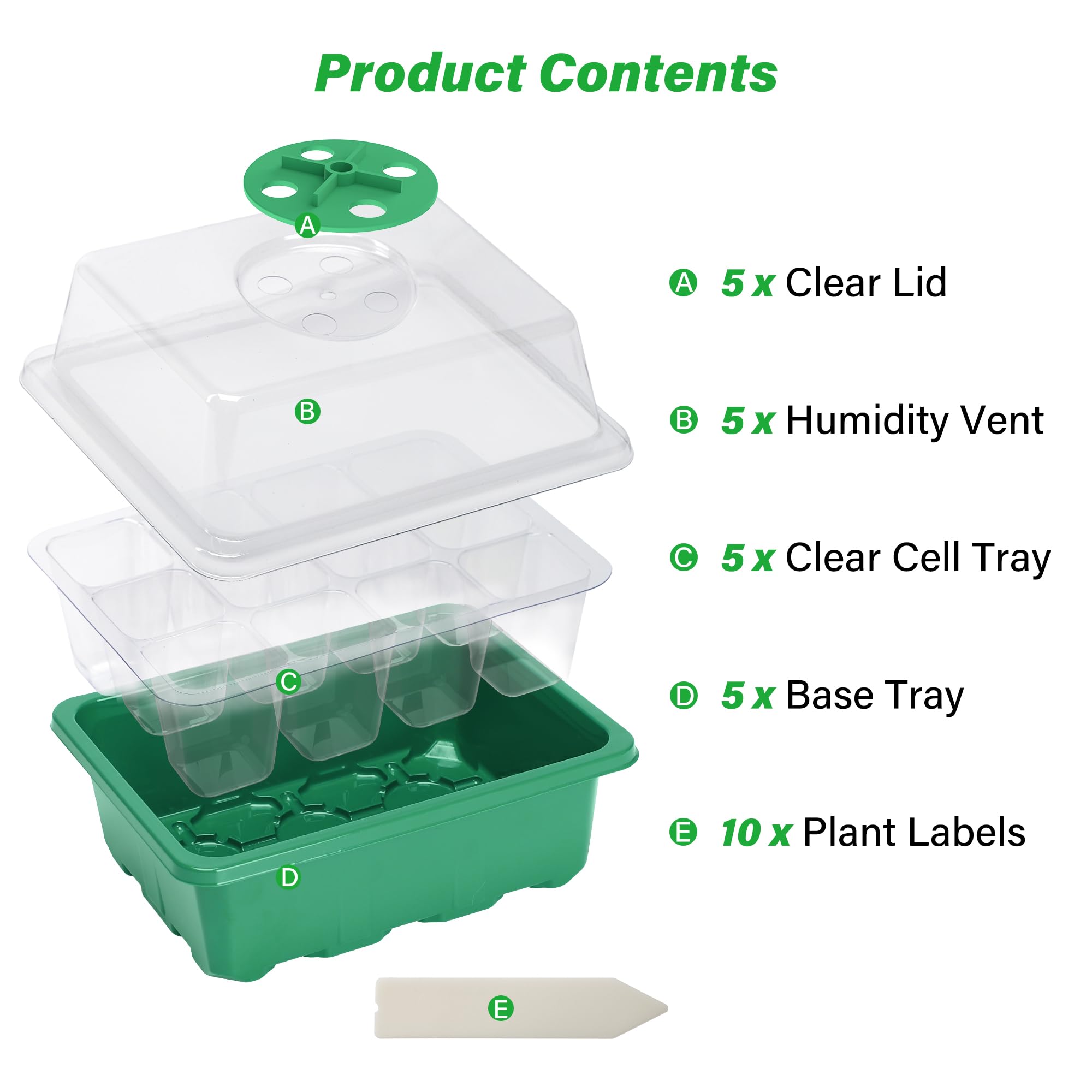 Bonviee 5-Pack Seed Starter Trays, Seed Starter Kit with Adjustable Humidity Dome and Base Indoor Greenhouse Mini Propagator for Seeds Growing Starting (12 Cells Per Tray, Green)
