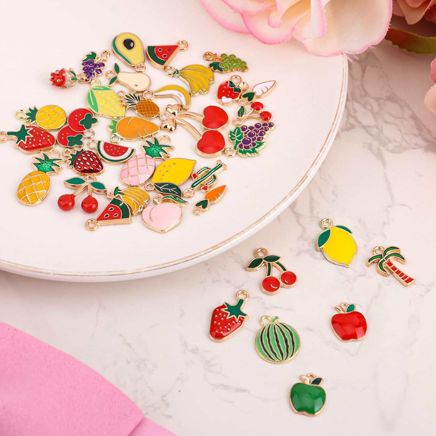 40pcs Fruit Charms Jewelry Making, Zinc Alloy Fruit Pendants Cherry Watermelon Strawberry Lemon Peach DIY Enamel Charms for Necklace Bracelet Earring - Image 4