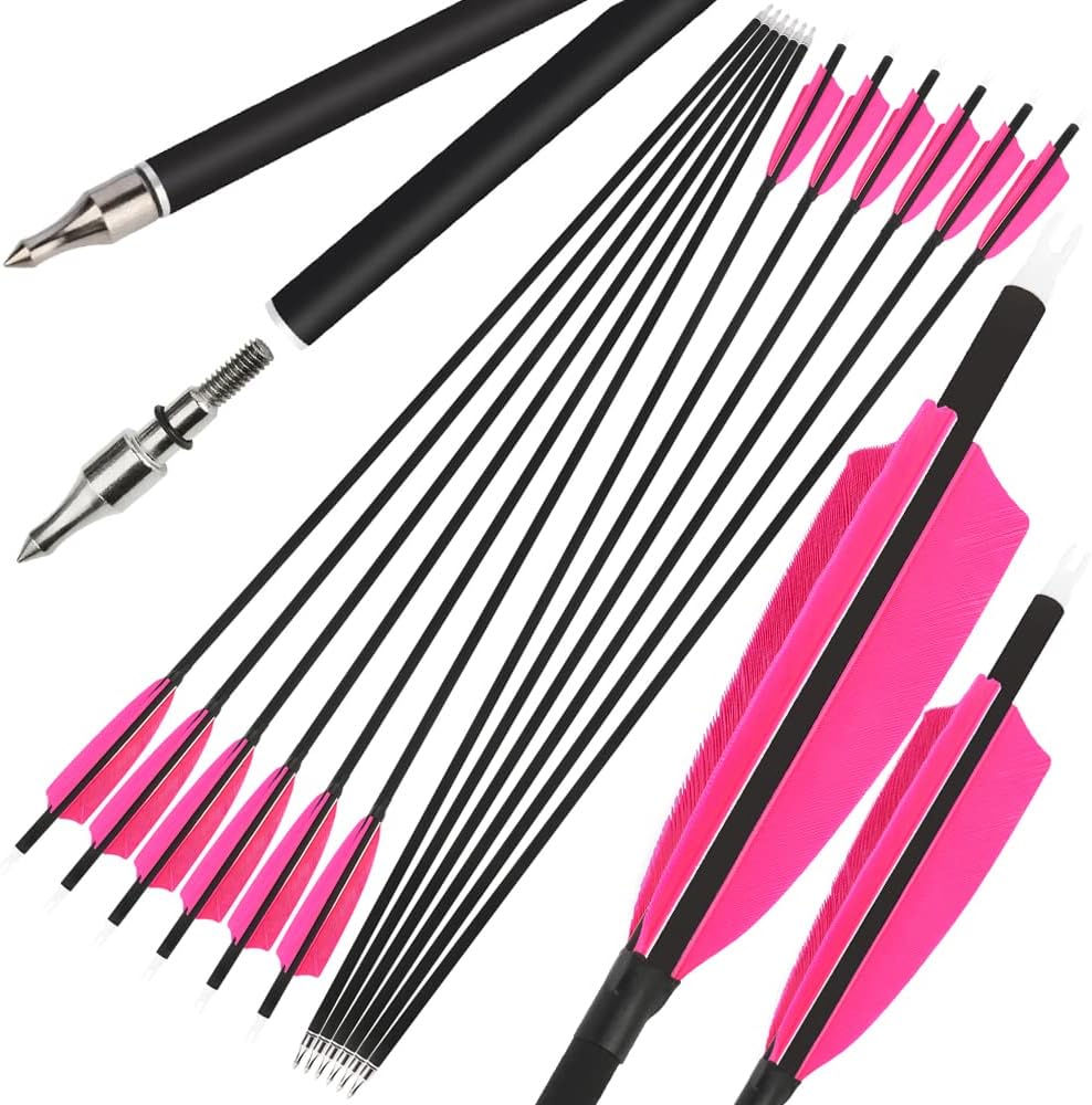 ZSHJGJR 30 Inch Archery Carbon Arrows Hunting Arrows with 4” Turkey Feather Removable Tips Targeting Practice Arrows 500 Spine for Compound & Recurve & Traditional Bow 6/12pcs