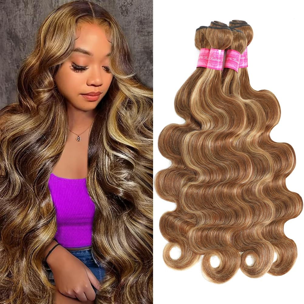Ombre Highlight Bundles Body Wave Human Hair 12A Brazilian Hair Body Weave 4/27 Colored Brown to Blonde 100% Unprocessed Virgin Hair Wave Extensions for Women (18 20 22 24inch)