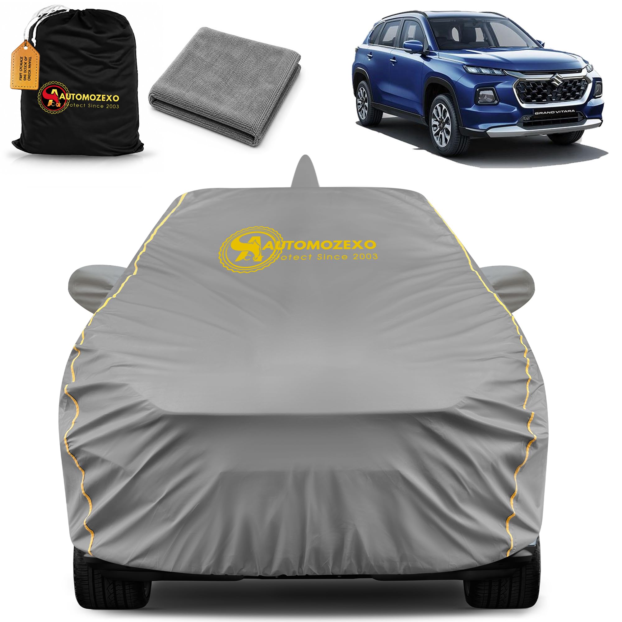 Maruti Grand Vitara 100% Waterproof Car Cover All Weather Protection with Mirror & Antena Pocket Inner Cotton Triple Stitched Cover with Adjustable Belt Bottom Elastic to Secure Fit -Grey discount deal