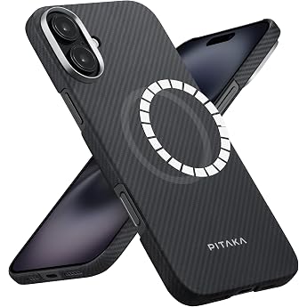 PITAKA iPhone 16 Plus Case, Ultra Thin, Aramid Fiber, Compatible with MagSafe, Ultra Thin, Ultra Lightweight, Carbon Type, Supports Wireless Charging 600D, Black/Gray