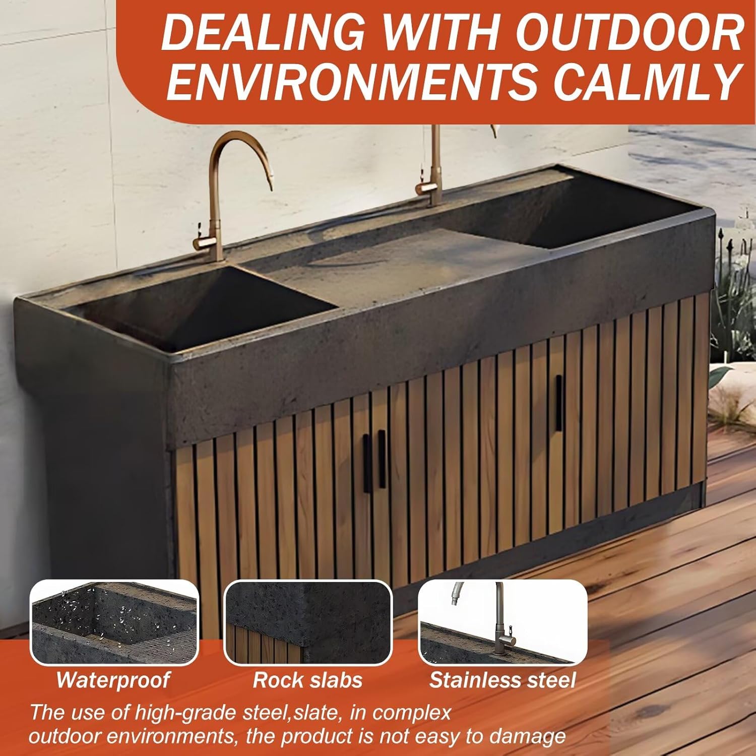 Outdoor Kitchen Cabinet - Kitchen Cabinet with Countertop Includes Black Textured Rock Countertop & Wood Grain Grille Door,Outdoor Table Includes Two Integrated Sinks(59.05IN)