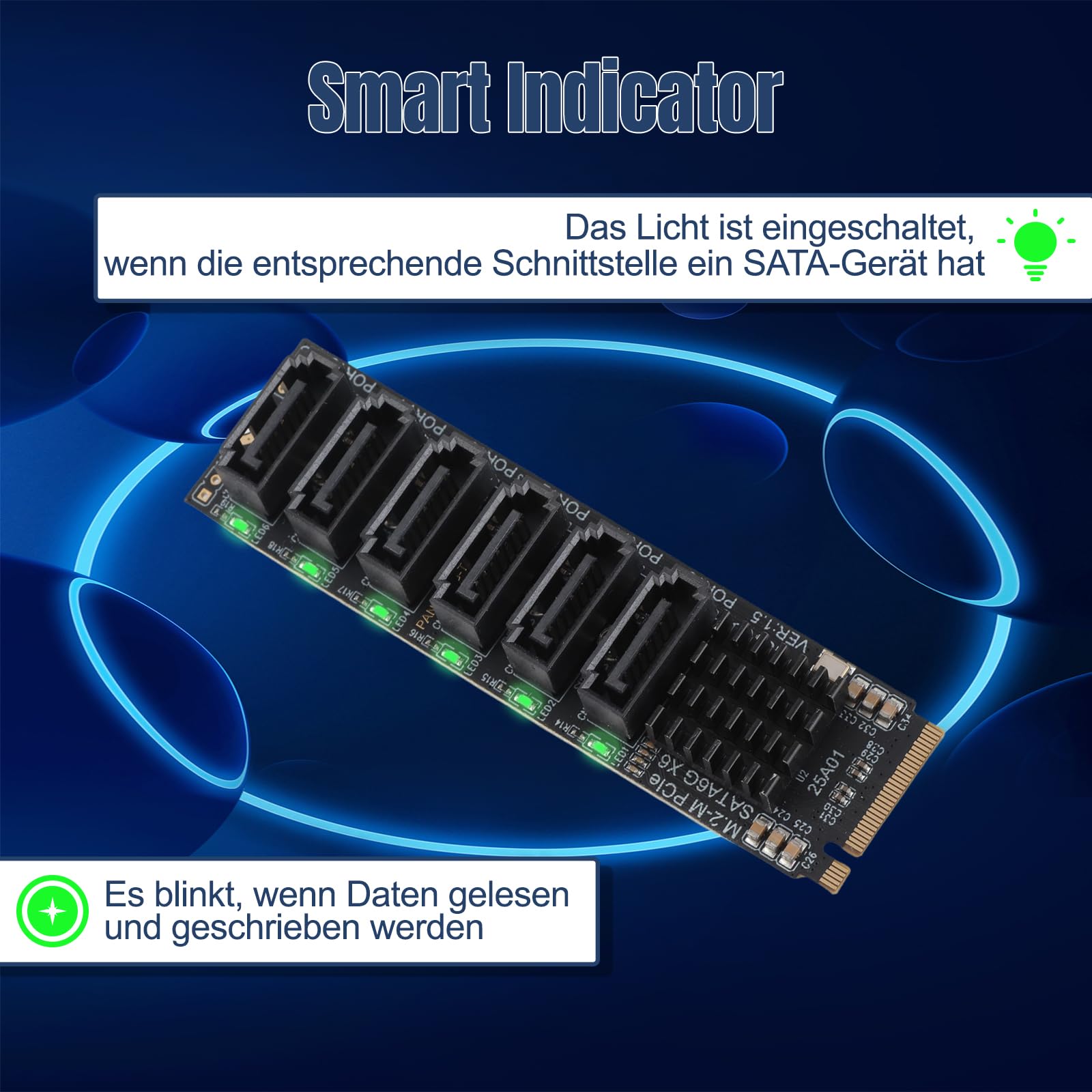 M.2 auf SATA3.0, Erweiterungskarte, 6 PortsSATA 3.0 Controller PCIe Erweiterungskarte für ASM1166 Chip, Adapterkarte PCIE3.0 X2 16 Gbit/s, SATA3.0 6 Gbit/s X 5 Unterstützt 6 SATA Geräte