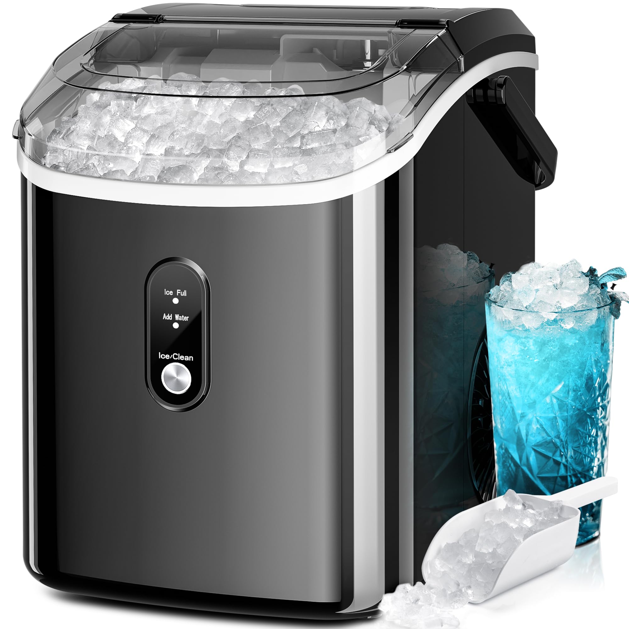 Kismile Nugget Ice Makers Countertop, Portable Sonic Ice Machine with Self-Cleaning/One-Click Operation for Home/Office(Stainless Steels Black)