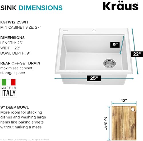 Miniatura 7 de KRAUS Bellucci KGTW12-25WH - Fregadero de cocina con estación de trabajo compuesto de granito de 25 pulgadas, montaje superior, color blanco
