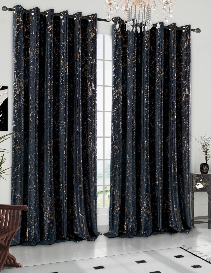 PRIME LINENS Velvet Eyelet Curtains for Bedroom Living Room Super Soft Glitzy Velvet with Metallic Print Ring Top Window Curtain Pair Panel (Glitzy Black, W 46" X L 90")