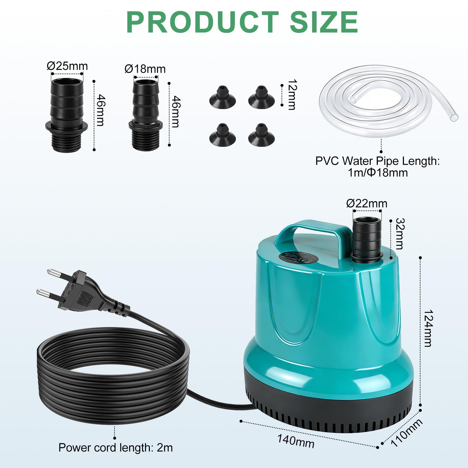 EXLECO Bomba de Agua Sumergible 60W 3000L/H, Mini Water Pump, Bombas de Achique para Aguas Sucias, Acuario, Estanque Jardín – Verde