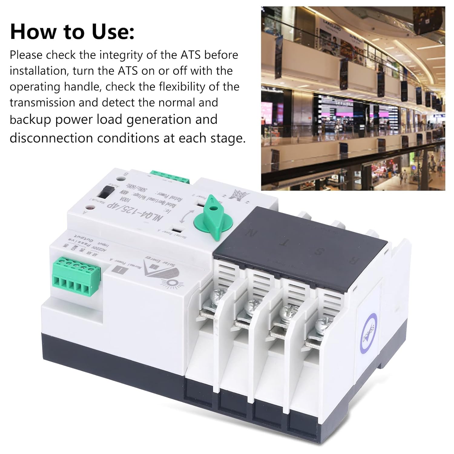 Dual Power Transfer Switch Automatic Changeover Switch 4P 100A 220V Din Rail Mount for Home Commercial Power