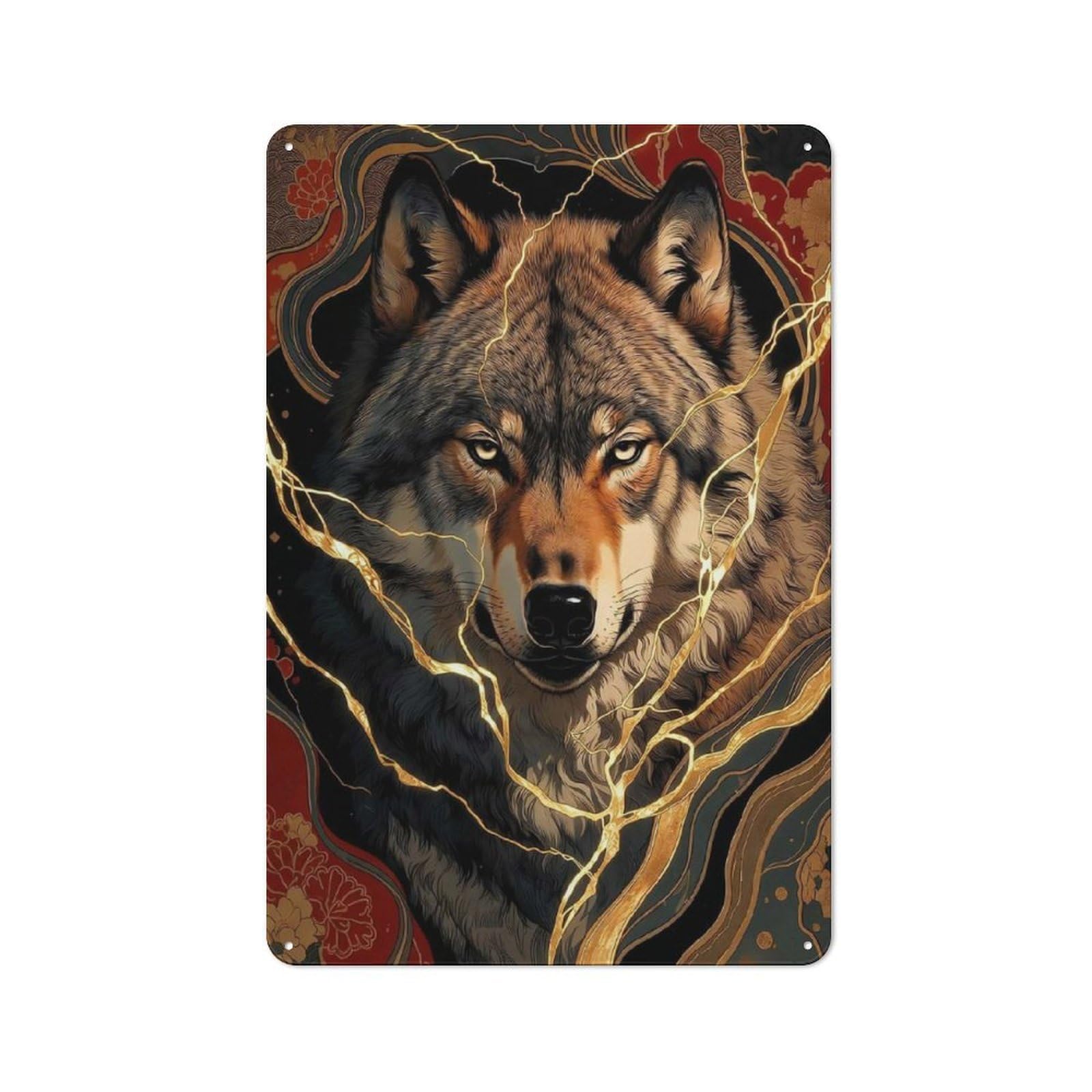30x20cm Rustic Tin Wall Plaque with Kintsugi Wolf for Home Bar Wall, for Home Interiors, Feature Walls And Decorative Displays