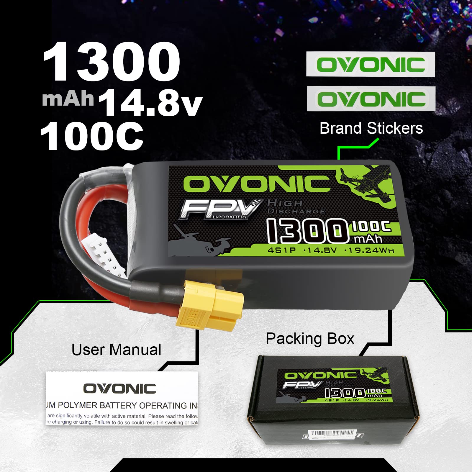 OVONIC RC Lipo akumulator 4S 14,8 V 1300 mAh 100C XT60 wtyczka LiPo bateria ogniwa do FPV UAV RC samolotu, samochodu, Evader BX, quadcoptera, helikoptera, ciężarówki, łodzi (2 sztuki)