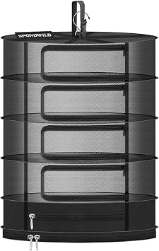Herb Drying Rack, 18" Diameter 5 Layer Hanging Mesh Net | Plant Drying Rack with Door Type Zipper & Closed Storage Compartment for Folding Basket Dryer Fiting in Grow Tents, Garden