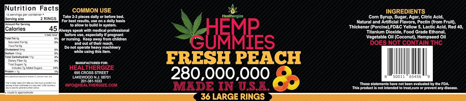 Hemp Gummies for Peace and Relaxation-High Potency Hemp Oil Gummys Peach-Fresh Full Flavor-Natural Hemp Edibles-for Back, Knees, Calm, Sleep, Discomfort-36 Large Rings-Made in USA