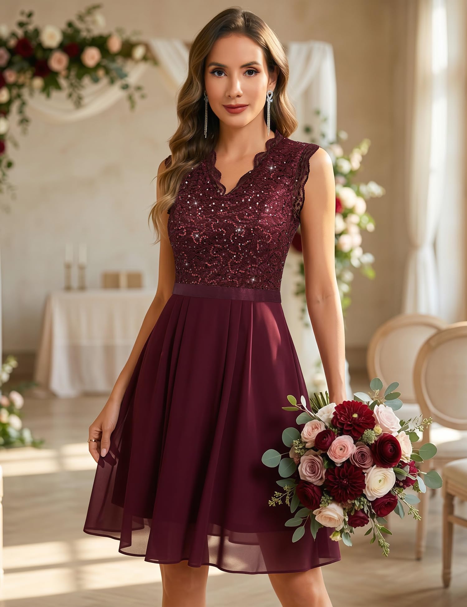Robe de cocktail à paillettes pour femme - Élégante - Longueur genou - En mousseline de soie - Robe de mariage