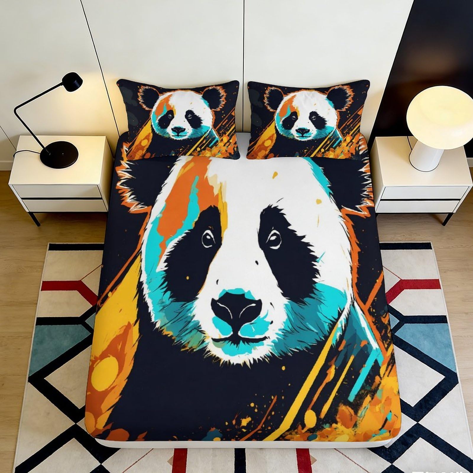 3D Printed Colorful Panda Fitted Sheet Microfiber Soft Breathable Abstract Bear Mattress Cover for Bedroom Dormitory Guest Room Mattress Protection Decor 180x200x25cm