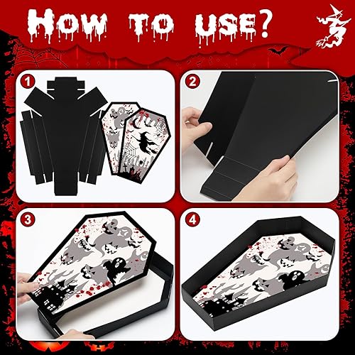 Miniatura 5 de Bandeja de ataúd de papel de Halloween de 12.2 x 8.46 pulgadas, 16 piezas, estilo horrible