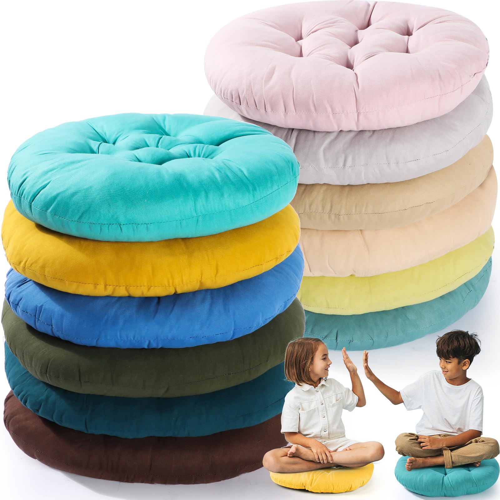 Fumete 12 PCs Floor Pillows Cushions Round Seat Pillows Seating 15 x 15 Inches Color Chair Cushions Floor Pillow Reading Cushion for Kids Adults Classroom Home School Playing Supplies (Multicolor)