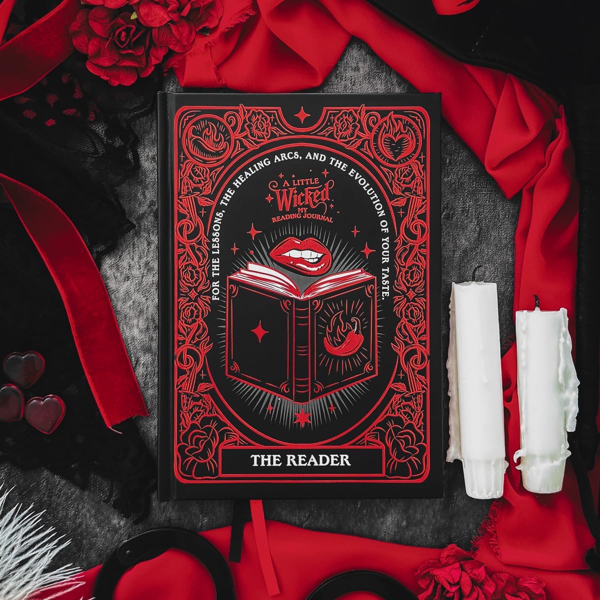 ConQuest Journals A Little Wicked Hardcover Dark Romance Reading Journal, Lay-Flat Binding, 260+ Book Review Pages, Spice Meter, Red Foil & Sprayed Edges, Ribbon Bookmarks, Bookish Stickers, 8" x 6.5"