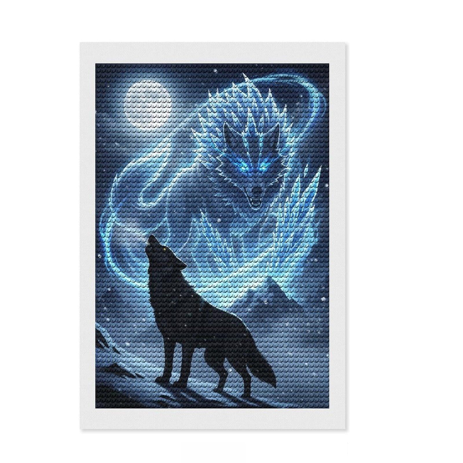 Junmoney Winter Wolves and Moonlit Majesty Round Drill Diamond Painting 8"x12", Printed Canvas, Finish and Display, Modern Decor, Christmas Gift