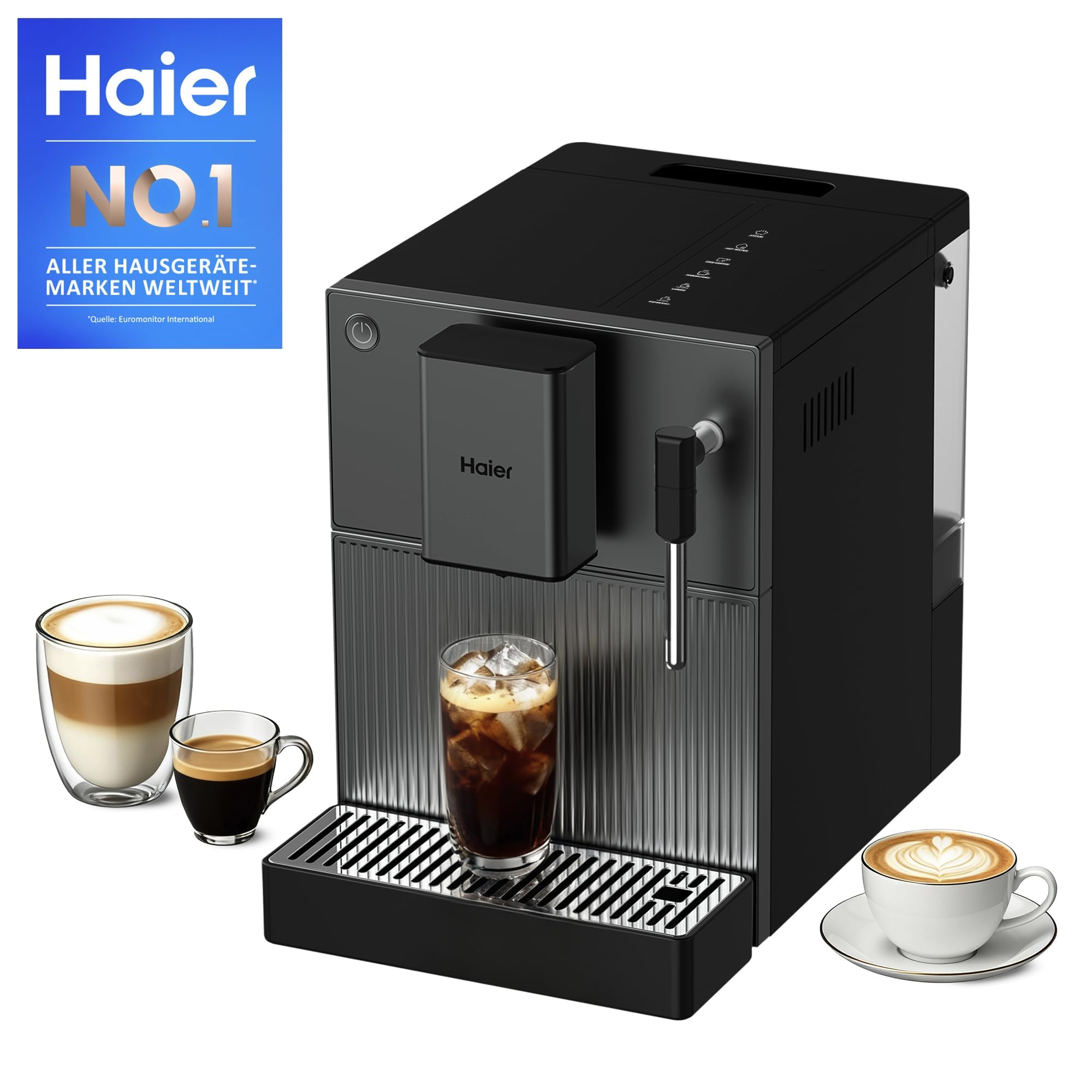 Haier Mały ekspres do kawy z młynkiem, 6 specjałów kawowych, ekspres do kawy z dyszą na mleko, idealny do małych kuchni, na kemping, kompaktowy