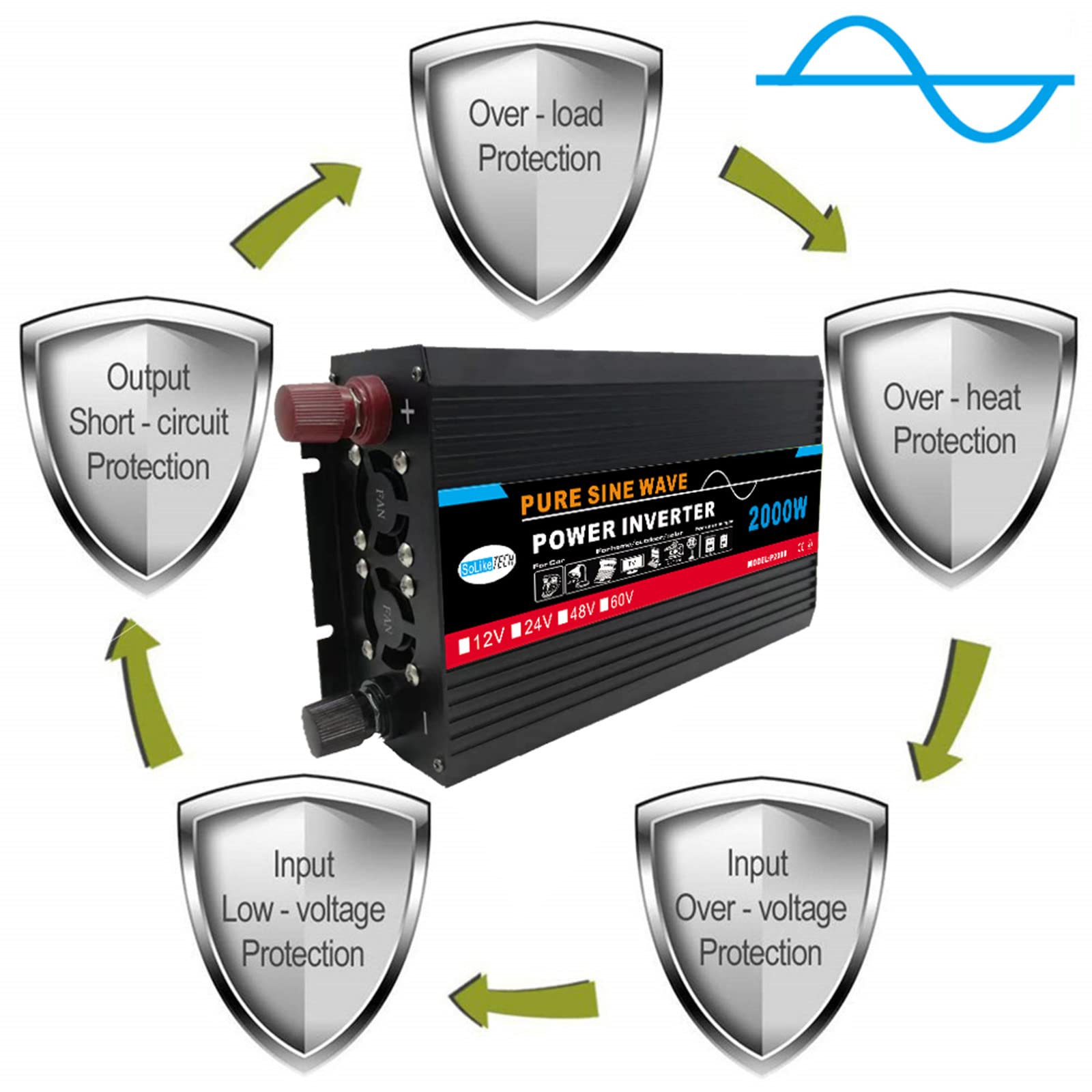 Inversor de Onda sinusoidal de 2000W DC12V/24V/48V/60V a Ac220 Home/Outdoor/RV/Camping Wave Inverter con Pantalla LCD