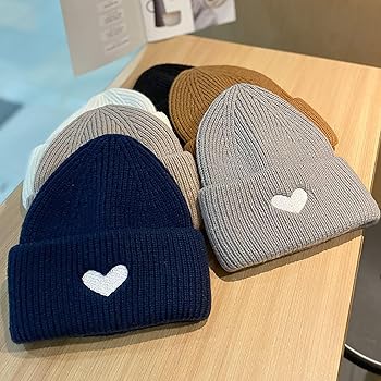 CORIRESHA Women's Cute Heart Embroidery Beanie Soft Knitted Hat at