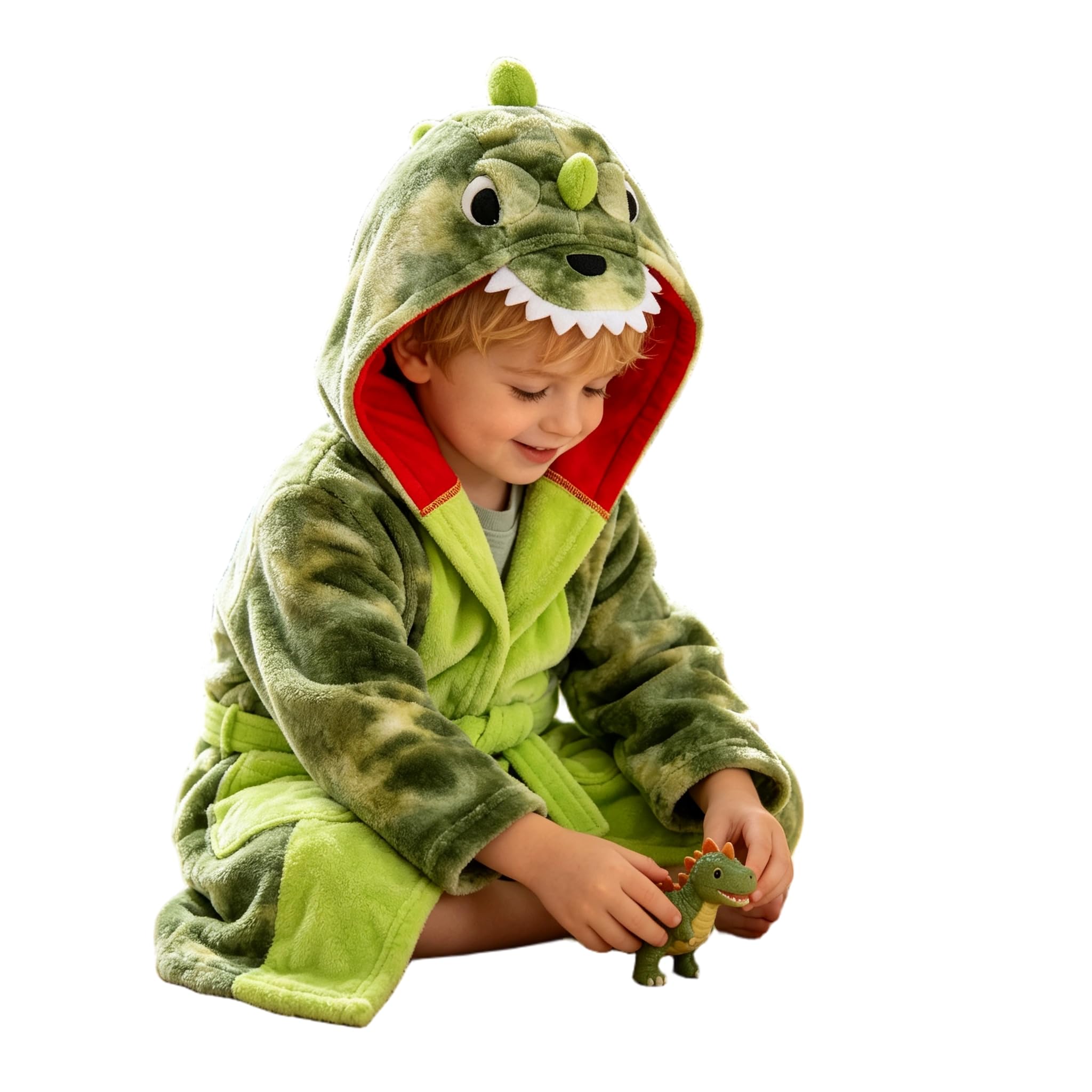 LOLANTA Kinder Bademantel Dinosaurier, Flauschiger Fleece Kapuzenmantel mit Taschen, Weicher Plüsch Morgenmantel für Jungen und Mädchen (2–8 Jahre)