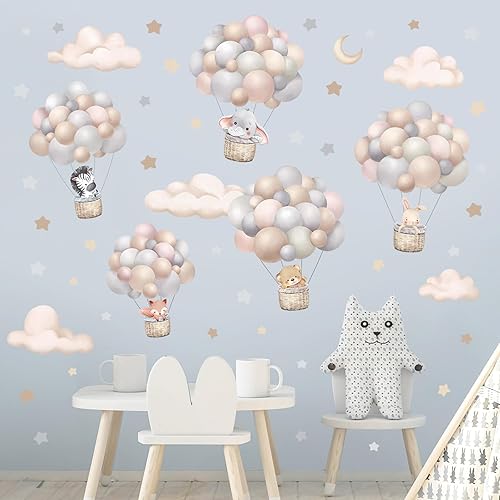 Miniatura 2 de wondever Pegatinas de pared de animales voladores con globos, nubes, estrellas, luna, despegar y pegar, calcomanías artísticas para pared para